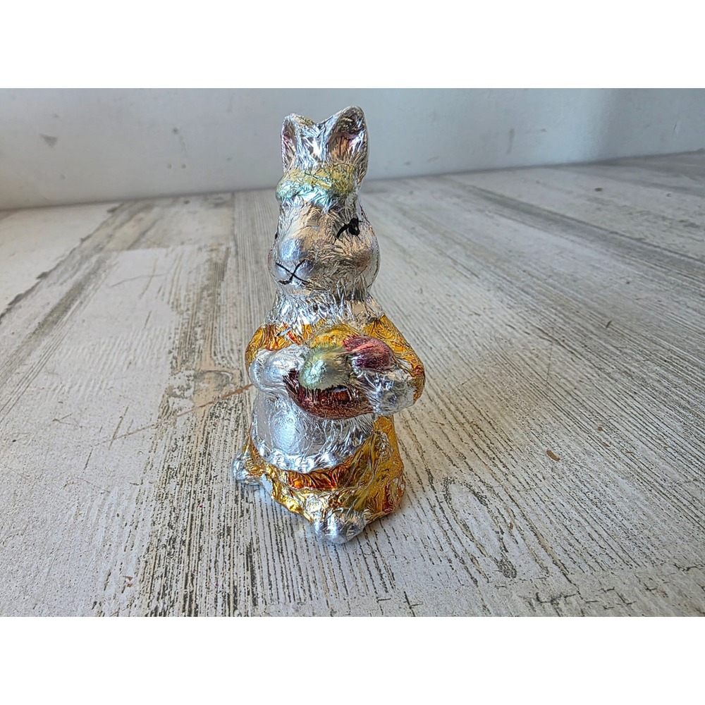 Vintage faux 3 inch foil Easter bunny rabbit figurine village eggs spring decor